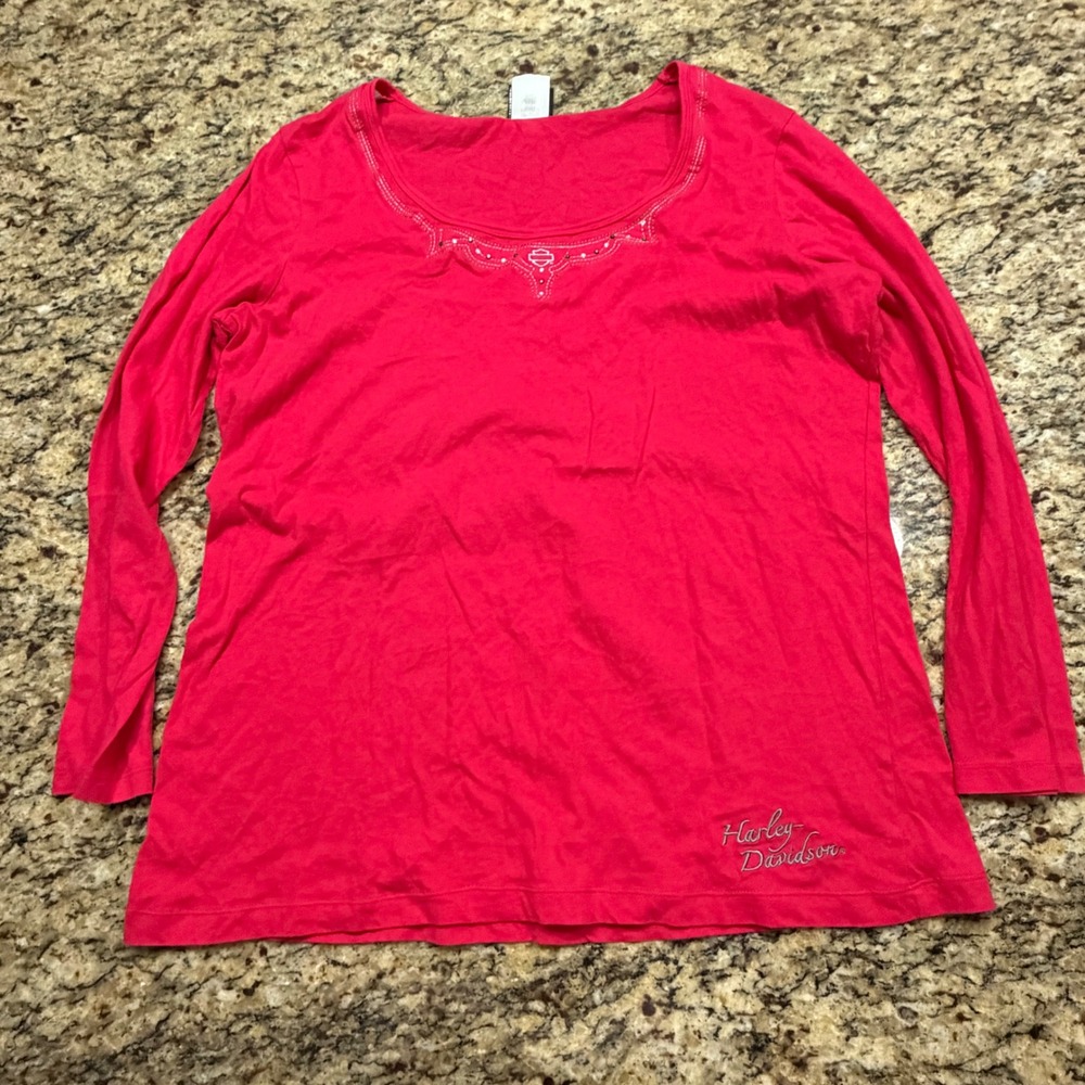 Harley-Davidson Womens Red Long Sleeve Rhinestone Scoop Neck Top Size 1XL ws